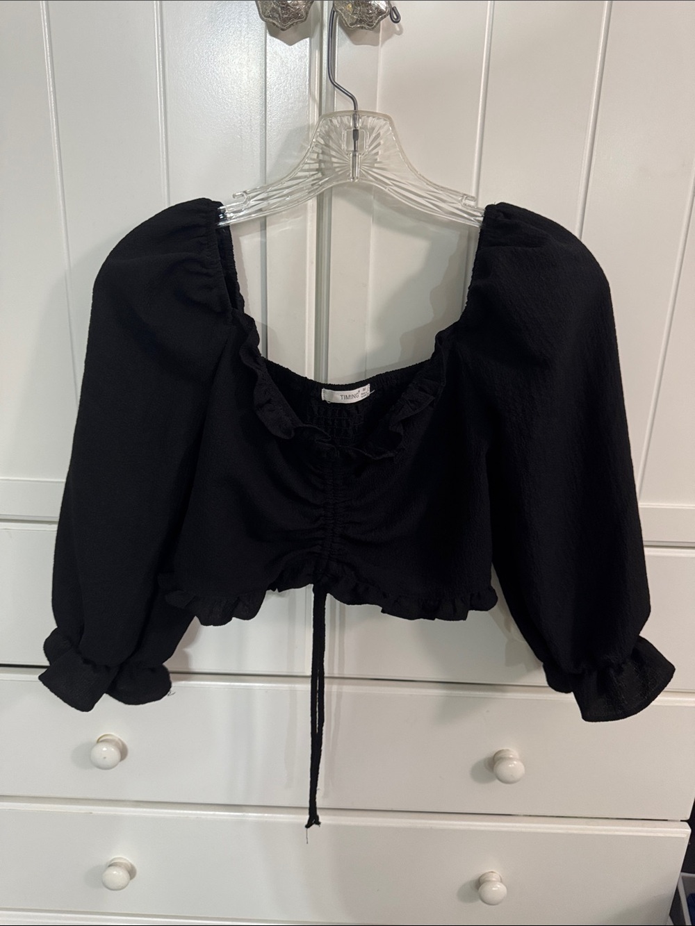 Timing Black Puff Sleeve Ruched Crop Top